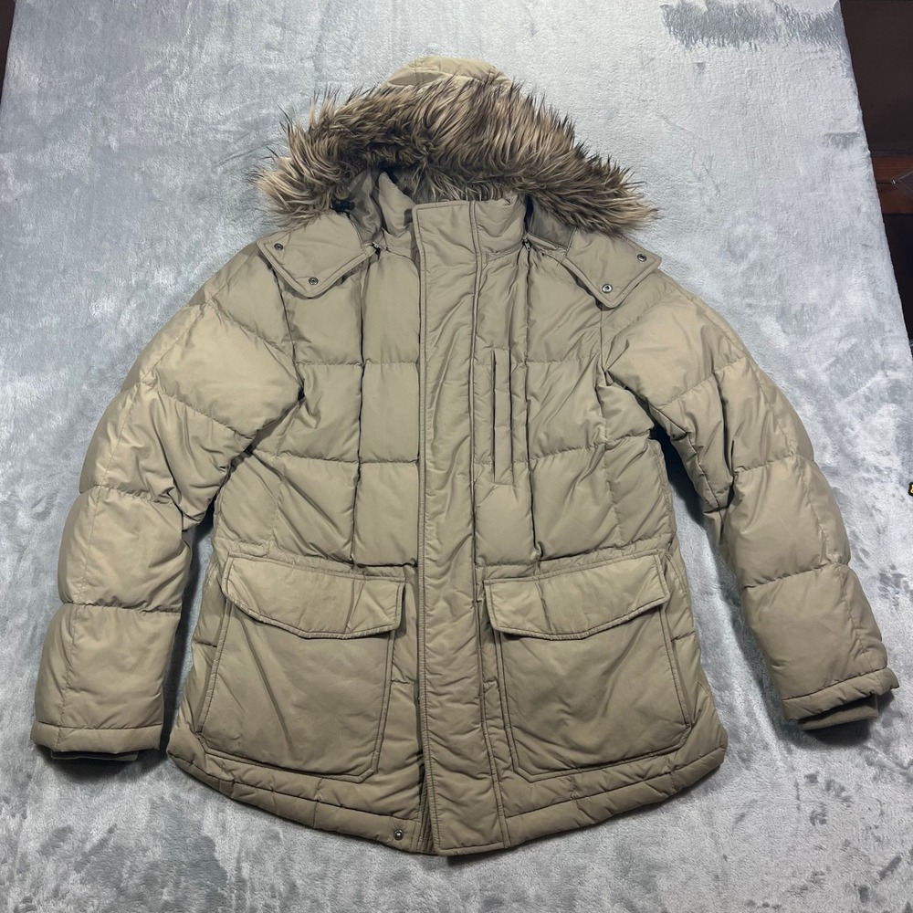 UNIQLO Down Puffer Jacket Womens M Khaki Removable Hood Faux Fur Lining Winter